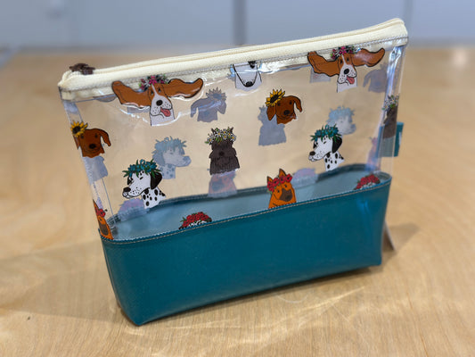 Clear Vinyl Bag #162 - Flower Crown Dogs with Teal Base