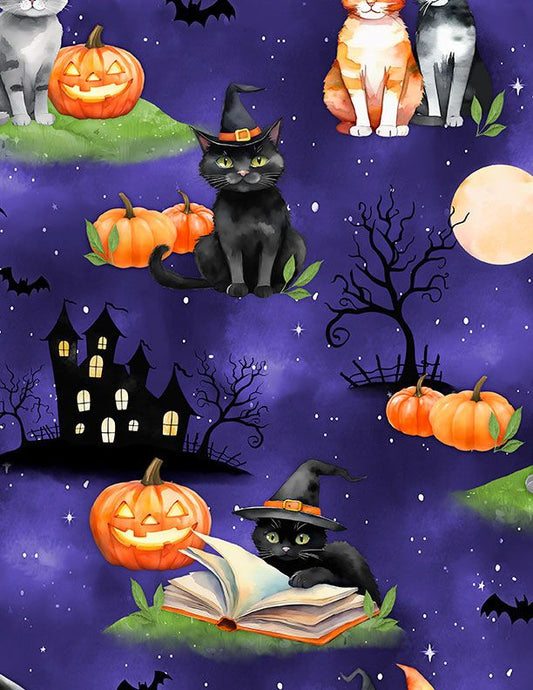 Spooky Tails - Scenic Cats - Purple - Yardage
