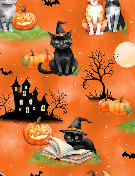 Spooky Tails - Scenic Cats - Orange - Yardage