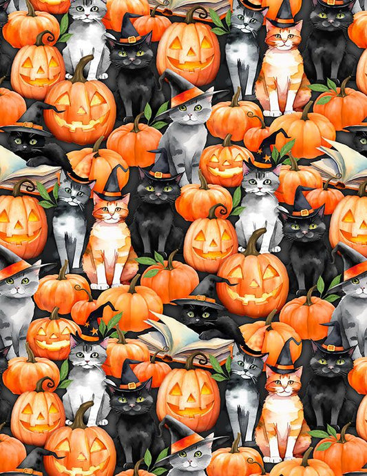 Spooky Tails - Cats & Pumpkins - Multi - Yardage