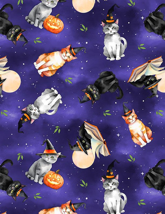 Spooky Tails - Tossed Cats - Purple - Yardage