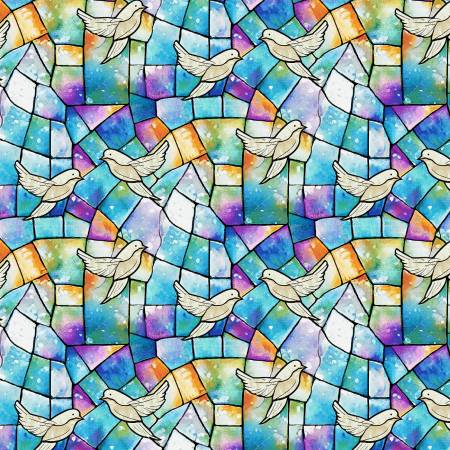 Faith in Full Color - Turquoise/Multi Doves On Stained Glass - Yardage