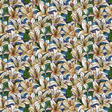 Faith in Full Color - Turquoise/White Packed Lillies - Yardage