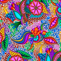 Carnivale Rainbow Floral Geometric on White - Yardage