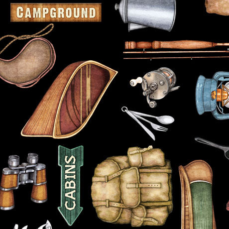 Camping Motifs Black Minky Yardage