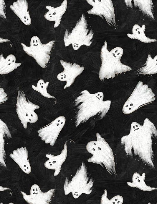 Midnight Hauntings Ghost All Over Black Fabric