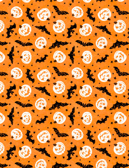 Midnight Hauntings Bats and Pumpkins Orange Fabric