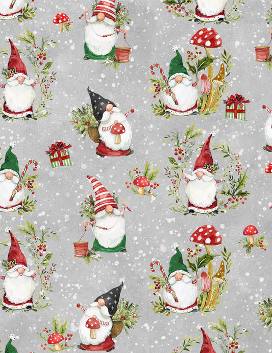 Merry Gnome-ments Gnomes All Over Gray Fabric