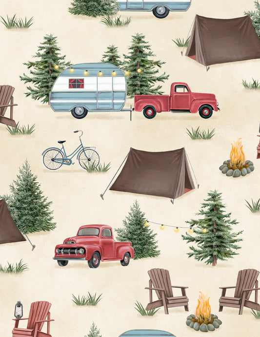 Evergreen Escape Camping Scenic All Over Sand Fabric