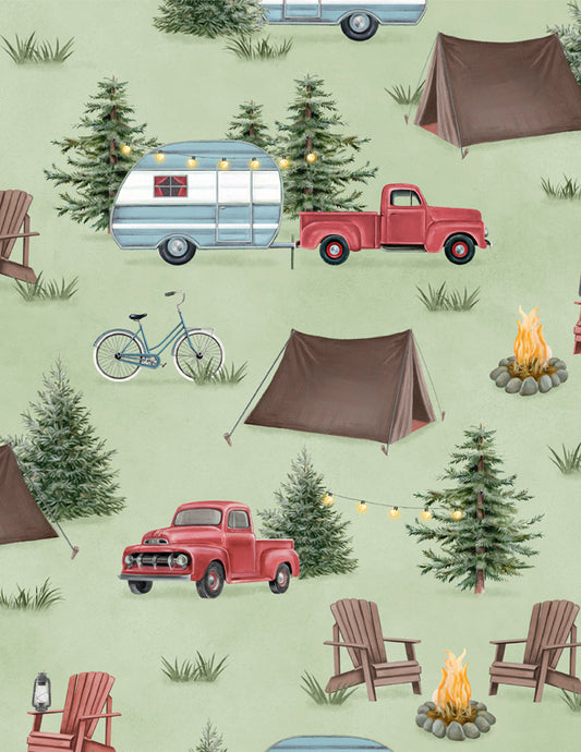 Evergreen Escape Camping Scenic All Over Sage Fabric