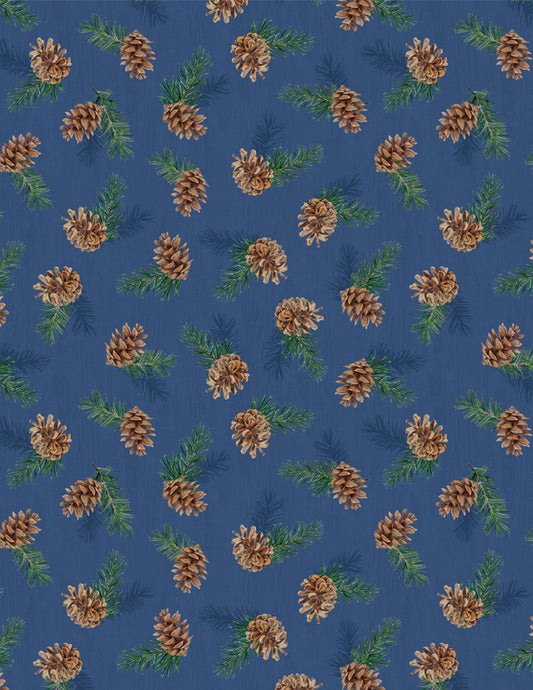Evergreen Escape Pinecone Toss Navy Fabric