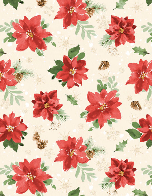 Cardinal Celebration Tossed Poinsettias Cream Fabric