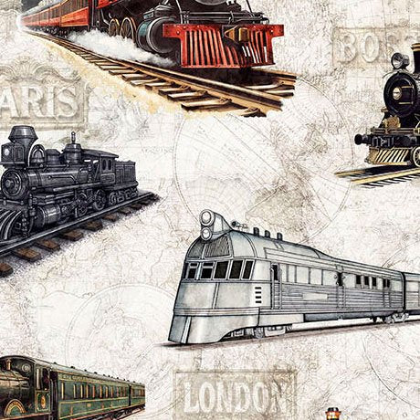 Steam & Steel - Trains- Cream - Yardage