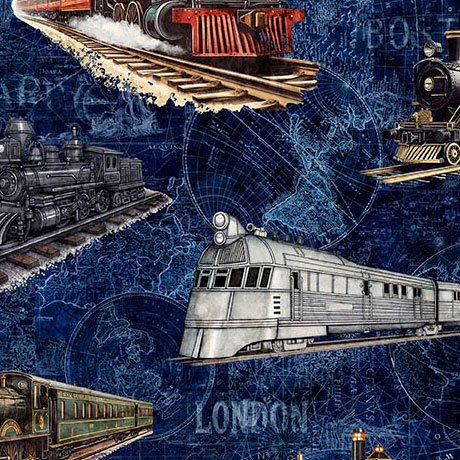 Steam & Steel - Trains- Navy - Yardage