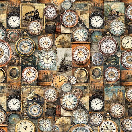 Steam & Steel - Clocks - Multi - Yardage