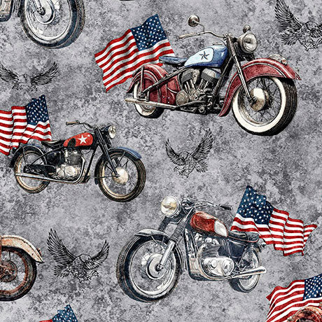 Stars, Stripes & Steel - Motorcycles & American Flags - Steel - Yardage