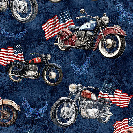 Stars, Stripes & Steel - Motorcycles & American Flags - Navy - Yardage