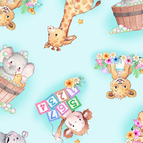 Little Ones - Baby Animals Toss - Light Blue - Yardage