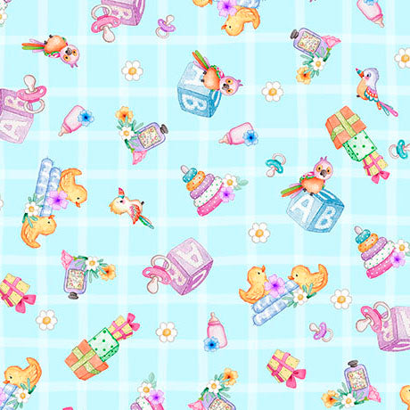 Little Ones - Toy & Bird Toss - Light Blue - Yardage