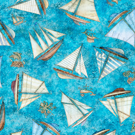 Nauticus - Ships Toss- Blue - Yardage