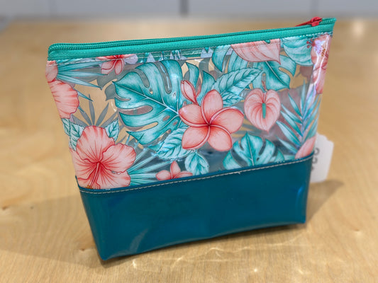 Clear Vinyl Bag #339 - Tropical Flowers with Teal Base
