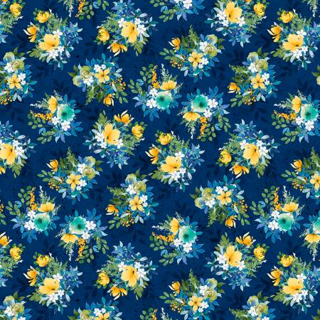 Sunlit Serenade Navy Tossed Bouquets  Fabric