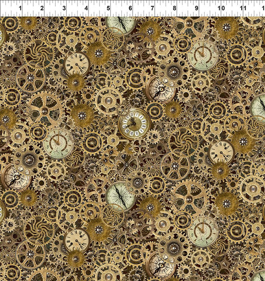 Steampunk Menagerie - Gears & Clocks - Gold - Yardage