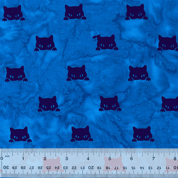 Anthology Novelty - Cat Nap Sleepy Eyes Batik Blue Yardage