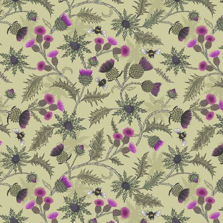Highland Bee thistle on soft green- A875 B Lewis&Irene - Fabric