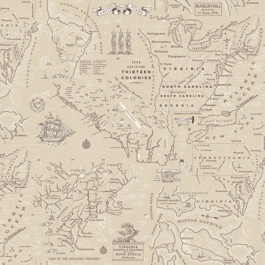 Independence - Colonial Map - Beige - Yardage