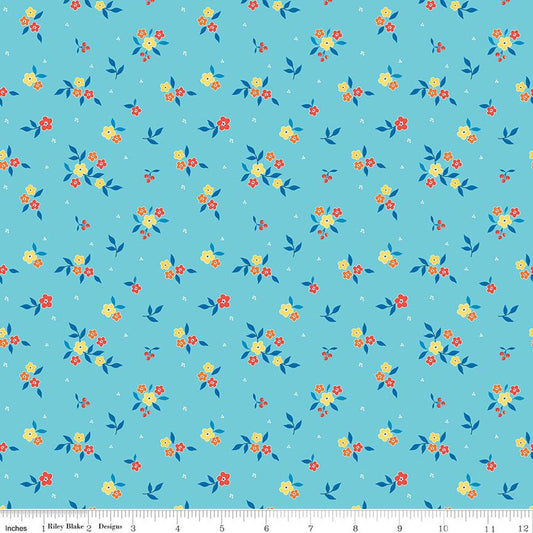 Summer's In Town - Floral - Aqua - Yardage