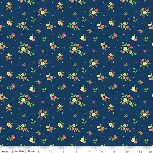 Summer's In Town - Floral - Navy - Yardage