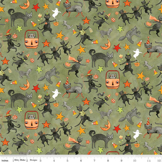 Spooky - Cats - Green - Yardage