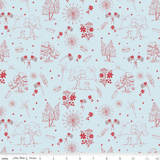 Firework Fields - Independence Toile - Light Blue - Yardage