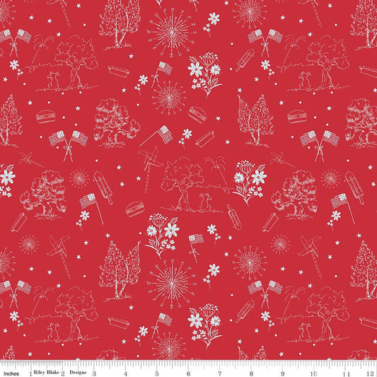 Firework Fields - Independence Toile - Red - Yardage