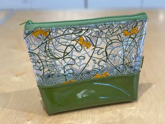 Clear Vinyl Bag - Playful Jungle Cats with Olive Green Base