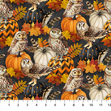 Night Owl - Owl & Feathers - Charcoal/Multi - Yardage