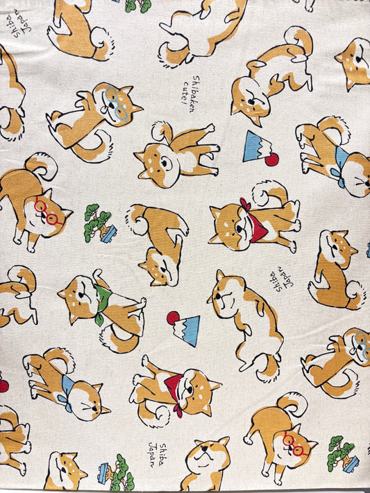 Doodle Animals Shiba Inu Cotton Linen Canvas - Cream - Yardage