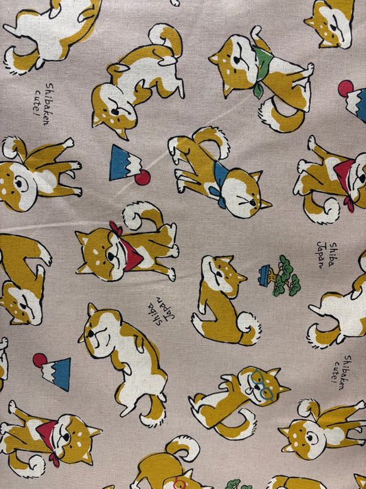 Doodle Animals Shiba Inu Cotton Linen Canvas - Tan - Yardage