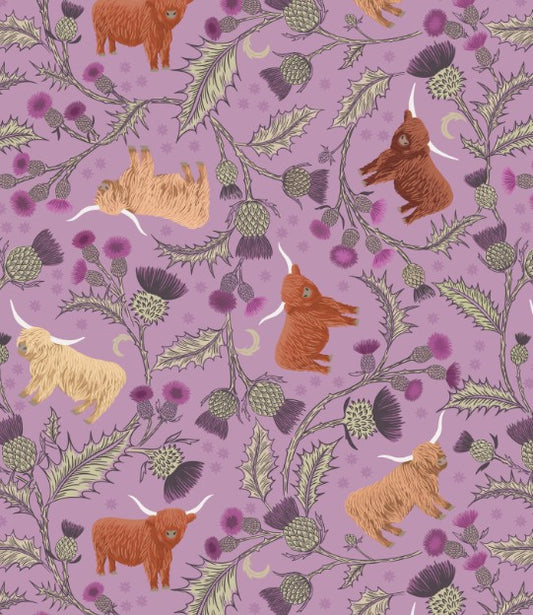 Highland Cow and Thistle Heather Thistle on Sage Green A873 C from Lewis&Irene - Fabric