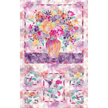Fire and Ice Flowers and Birds Panel in Pinks