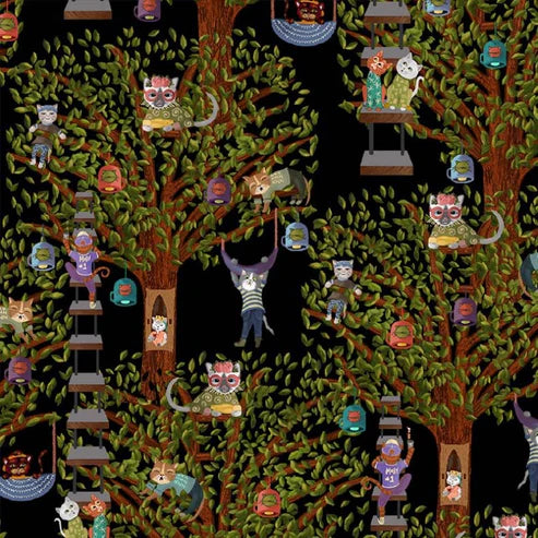 Purrsuit of Coffeeness Cats on Tree DDC12480-BLAC-D Yardage