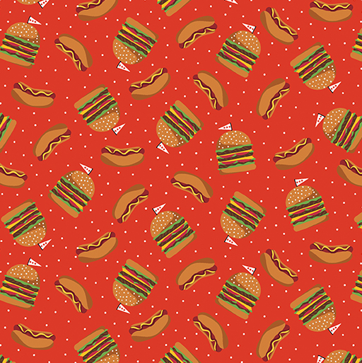 Chillin & Grillin Hot Dogs & Burgers Red Fabric