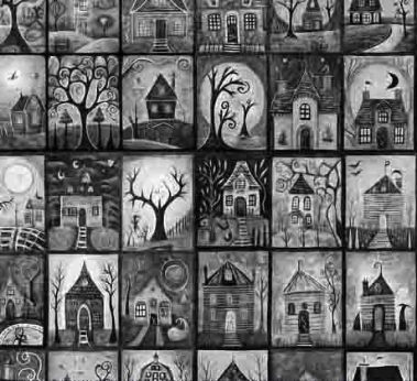 Creepin' it Real Mini Haunted House Blocks Gray Yardage