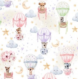 Animal Babies Hot Air Balloons White Yardage