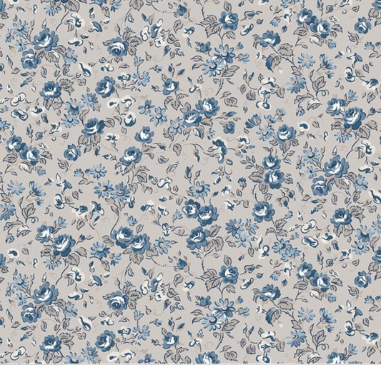 Serenity Blues Flower Toss Taupe Yardage