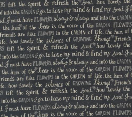 Bloom And Grow Text and Words Black Yardage