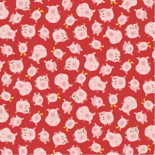 Farm-Tastic Friends Tossed Pigs Red Yardage