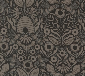Bee Garden Damask Black Yardage
