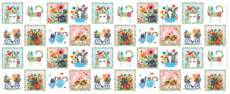 Garden Cats Squares Multi 1634599B Fabric